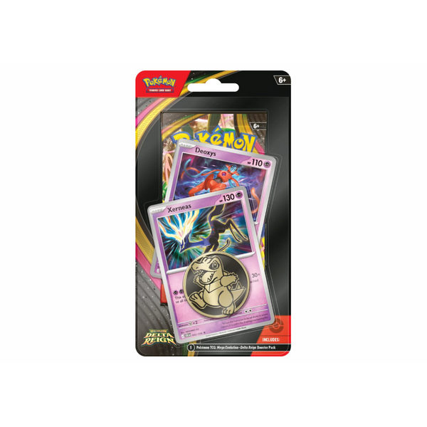 Blíster Pokémon Dominio Delta con sobre, cartas promocionales de Deoxys y Xerneas, y moneda coleccionable en empaque sellado.