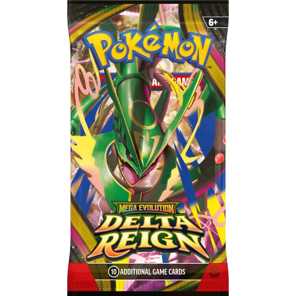 Sobre de cartas Pokémon Dominio Delta con Rayquaza verde, diseño brillante y texto Mega Evolution Delta Reign en paquete sellado.