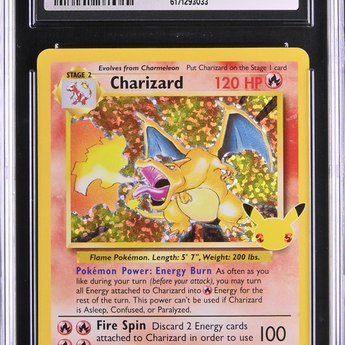 CGC Gem Mint 10 graded Charizard Celebrations holographic Pokémon card in a protective plastic slab.