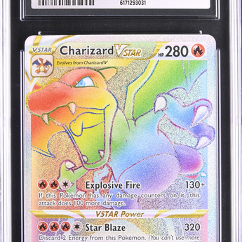 CGC graded Charizard VSTAR Rainbow Rare holographic Pokémon card from Brilliant Stars, encased in a protective slab.