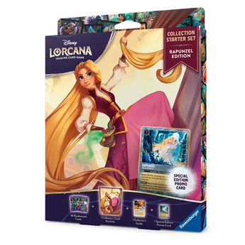 Set de inicio Disney Lorcana edición Rapunzel con álbum temático, sobres de cartas, guía y carta promocional foil exclusiva.