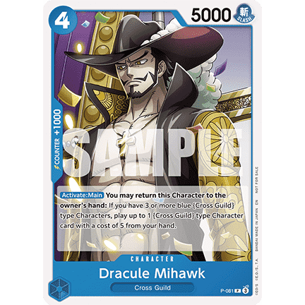 Dracule Mihawk P-081 blue One Piece trading card featuring the character in his signature hat and gold-patterned sleeve.