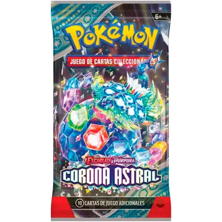 Sobre de cartas Pokémon Corona Astral con diseño brillante y colorido de Terapagos rodeado de cristales facetados.