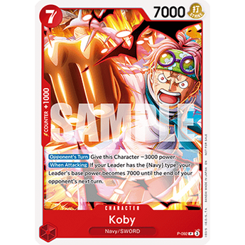 Koby P-092 V.2 One Piece promo card featuring a dynamic action illustration of Koby with a glowing fist and red border.