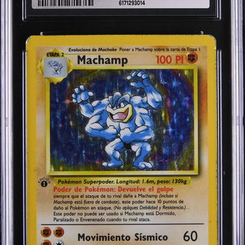 Spanish 1st Edition Machamp Holo trading card, CGC graded 4.5, encased in a protective plastic slab.
