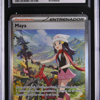 CGC Mint 9 graded Maya trainer card from Spanish Pokémon Phantasmal Flames featuring Dawn riding a red bicycle.