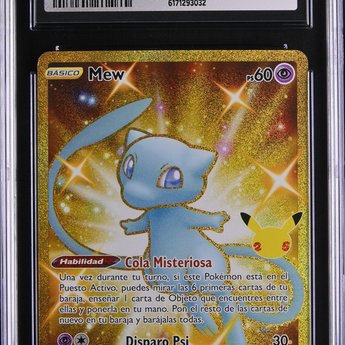 Graded CGC 8.5 Spanish Mew Celebrations 025/025 holo card with a sparkling gold background and blue Mew character.