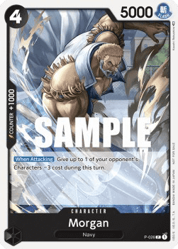 Morgan (P-026) One Piece trading card featuring a muscular character in a blue coat with dynamic motion effects.