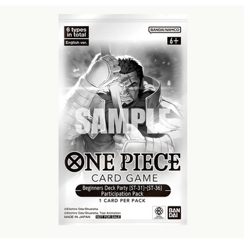 Sobre promocional blanco y negro One Piece TCG Beginners Deck Party ST-31 a ST-36 con ilustración de personaje y logo oficial.