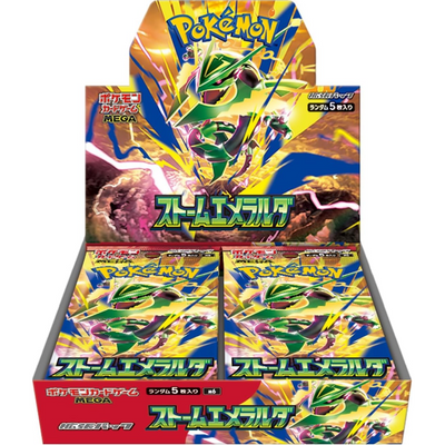 Caja sellada de 30 sobres Pokémon Storm Emerald M6 con Rayquaza ilustrado en tonos verdes y amarillos vibrantes.