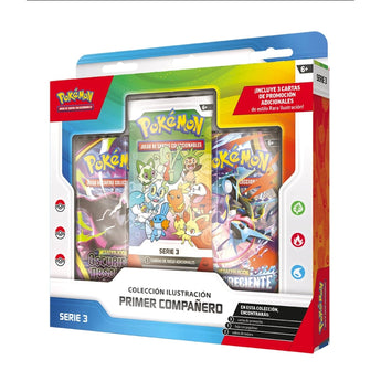 Caja de colección Pokémon First Partner Serie 3 con sobres, cartas de promoción de iniciales y pegatinas conmemorativas.