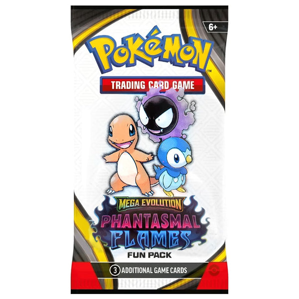 Sobre de 3 cartas Pokémon Phantasmal Flames con diseño de Charmander, Gastly y Piplup en empaque blanco y amarillo.