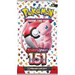 Sobre de cartas Pokémon Scarlet & Violet 151 con diseño de Mew, una Poké Ball y fondo blanco con siluetas de Pokémon.