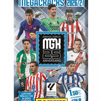 Sobre de cartas Panini Megacracks 2026/27 de LALIGA con diseño azul, jugadores de fútbol y logo del 25 aniversario.