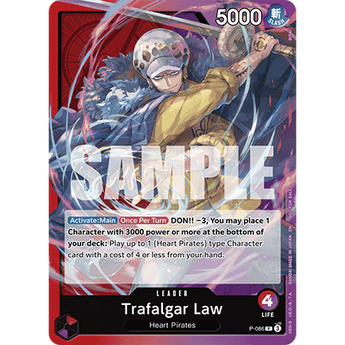 Trafalgar Law P-086 One Piece promo card featuring the Heart Pirates leader with a sword and dynamic red energy effects.