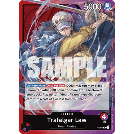 Trafalgar Law P-086 One Piece promo card featuring the Heart Pirates leader with a sword and dynamic red energy effects.