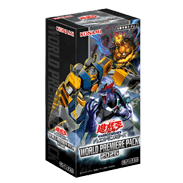 Caja de sobres Yu-Gi-Oh! World Premiere Pack 2026 con diseño gráfico de monstruos en tonos azules, amarillos y negros.