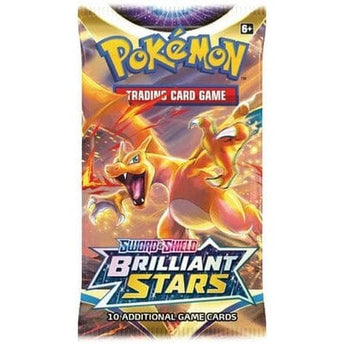 Sobre de cartas Pokémon Espada y Escudo Astros Brillantes con la ilustración de Charizard en tonos naranjas y amarillos.