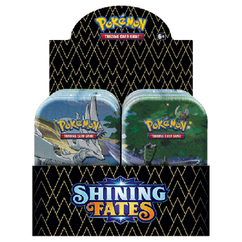 Expositor con dos mini latas metálicas de Pokémon Shining Fates con diseños de criaturas y logo brillante en negro.