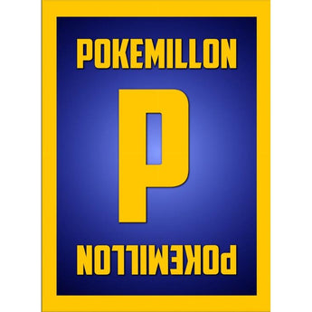 Tarjeta regalo rectangular con fondo azul, borde amarillo y la letra P grande en color amarillo con texto POKEMILLON.