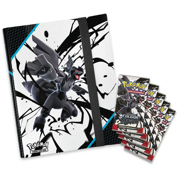 Álbum de cartas Pokémon negro con diseño de Zekrom y cinco sobres de expansión Fulgor Negro incluidos.