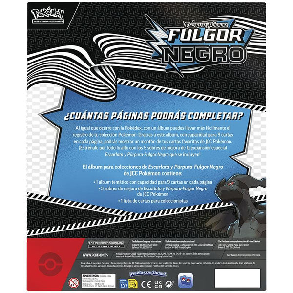 Caja de álbum Pokémon Fulgor Negro con diseño oscuro, incluye 5 sobres de cartas y espacio para 360 tarjetas coleccionables.
