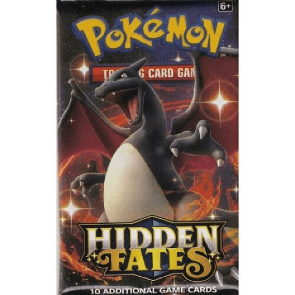 Sobre de cartas Pokémon Hidden Fates con el diseño del Charizard brillante sobre un fondo oscuro y ardiente.