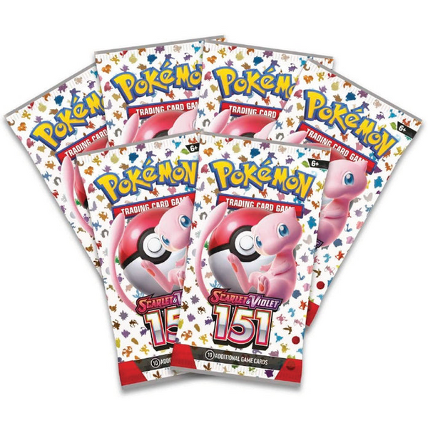 Seis sobres de cartas Pokémon Scarlet & Violet 151 con el diseño de Mew y una Poké Ball sobre fondo blanco con siluetas.