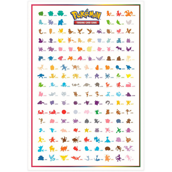 Póster blanco de Pokémon 151 con siluetas coloridas de los 151 Pokémon originales y el logo de Pokémon Trading Card Game.