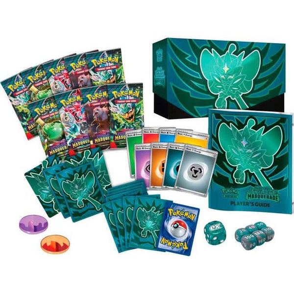 Caja de Entrenador Élite Pokémon Mascarada Crepuscular con sobres, fundas verdes, guía, dados y contadores de daño.