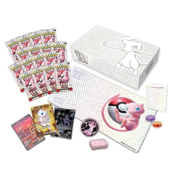Caja Ultra Premium Pokémon 151 con sobres, tapete de juego de Mew, cartas promocionales, moneda y accesorios de colección.