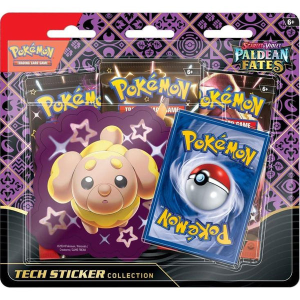Blíster Pokémon Destinos de Paldea con tres sobres, carta promocional de Fidough y pegatina decorativa.