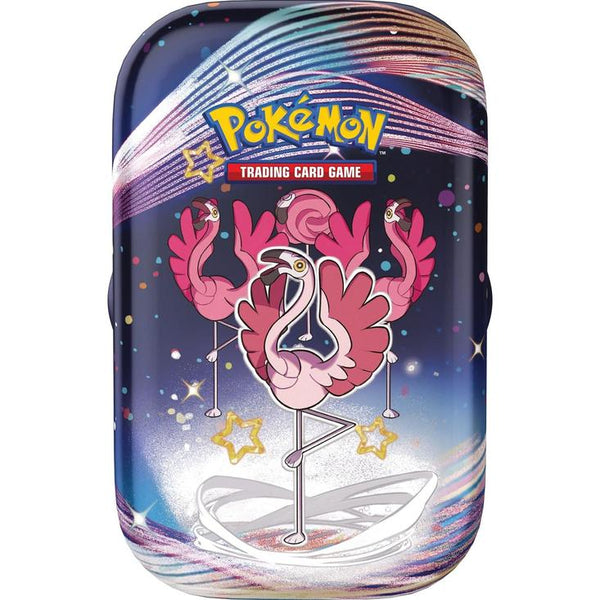 Mini lata metálica azul de Pokémon Destinos de Paldea con ilustración de Flamigo sobre un fondo espacial brillante.
