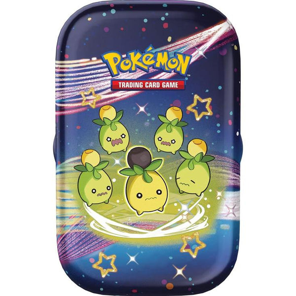 Mini lata metálica azul de Pokémon Destinos de Paldea con ilustración de cinco Pokémon tipo planta sobre fondo estelar.