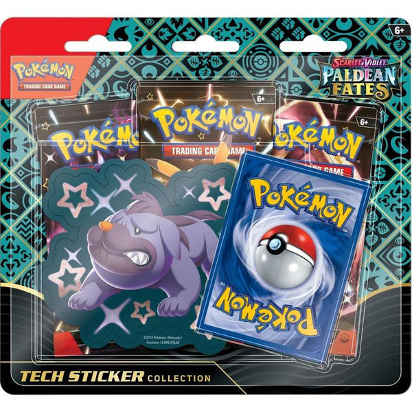 Blíster de 3 sobres Pokémon Destinos de Paldea con carta promocional de Mabosstiff y pegatina decorativa.