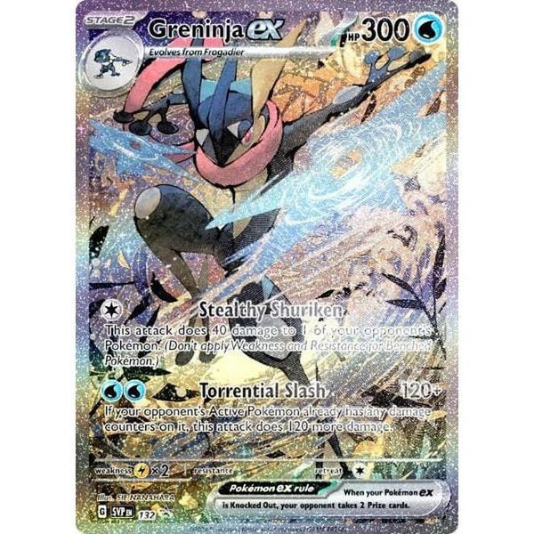 Carta Pokémon Greninja ex con arte estilo Ukiyo-e, acabado holográfico brillante y detalles en tonos azules y dorados.