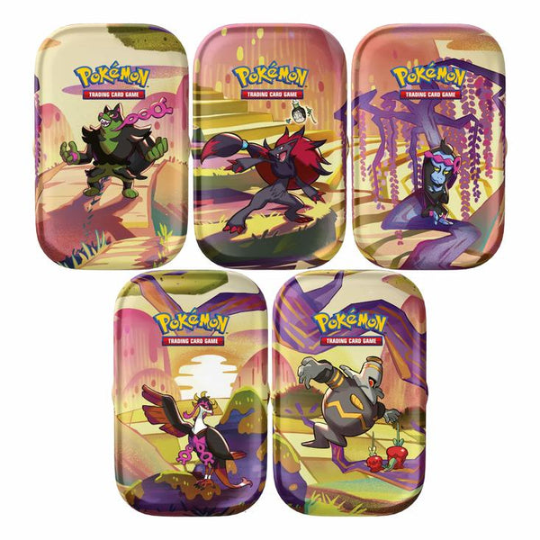 Cinco minilatas metálicas coleccionables de Pokémon Fábula Sombría con ilustraciones coloridas de los compatrones y Revavroom.