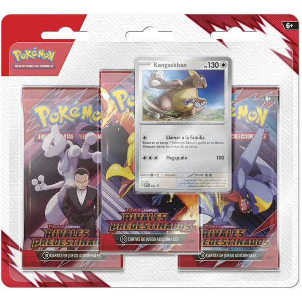 Blister de 3 sobres Pokémon Rivales Predestinados con carta promocional de Kangaskhan y moneda coleccionable.