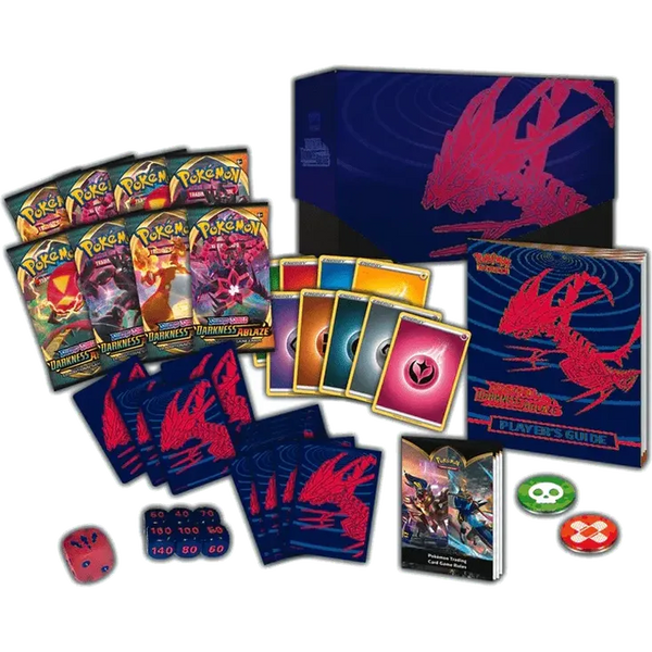 Caja de Entrenador Élite Pokémon Oscuridad Incandescente con sobres, cartas, dados, contadores y guía de jugador de Eternatus.