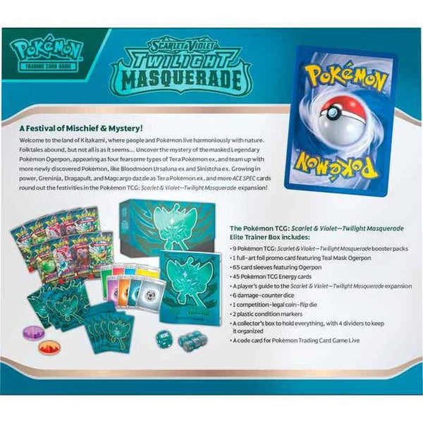 Caja de Entrenador Élite Pokémon Mascarada Crepuscular con sobres, fundas, dados y accesorios de juego en tonos verde azulado.