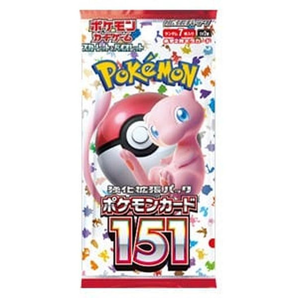 Sobre individual de Pokémon 151 con Mew y una Poké Ball sobre fondo blanco con siluetas coloridas de Pokémon.