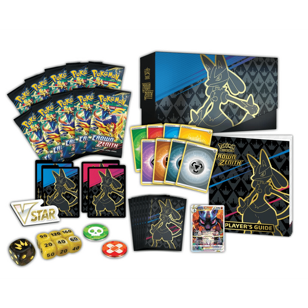 Caja de Entrenador Élite Pokémon Crown Zenith con sobres, guía, dados, marcadores y fundas con diseño de Lucario.