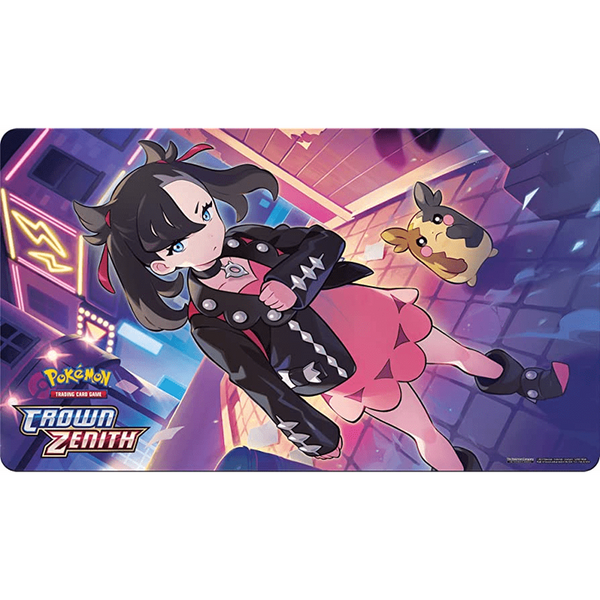 Tapete de juego oficial de Pokémon Crown Zenith con Marnie y Morpeko sobre un fondo urbano de estilo neón.