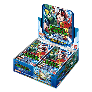 Caja expositora de 24 sobres Digimon Card Game EX-11 Dawn of Liberator con diseño azul y arte de personajes anime.