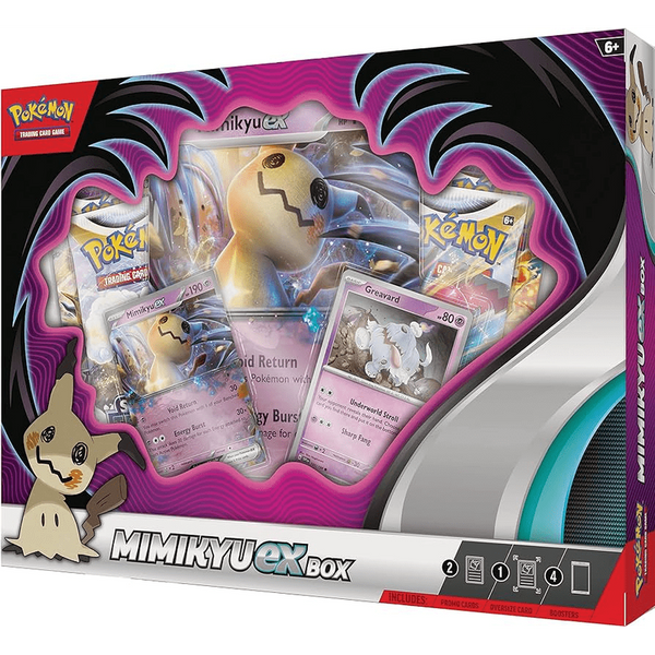 Caja de colección Pokémon Mimikyu ex con cartas holográficas de Mimikyu y Greavard, sobres de mejora y carta de gran tamaño.