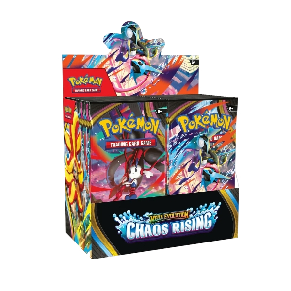Booster box de Pokémon TCG Chaos Rising con 36 sobres, diseño colorido con Mega Greninja y logo de Mega Evolución.