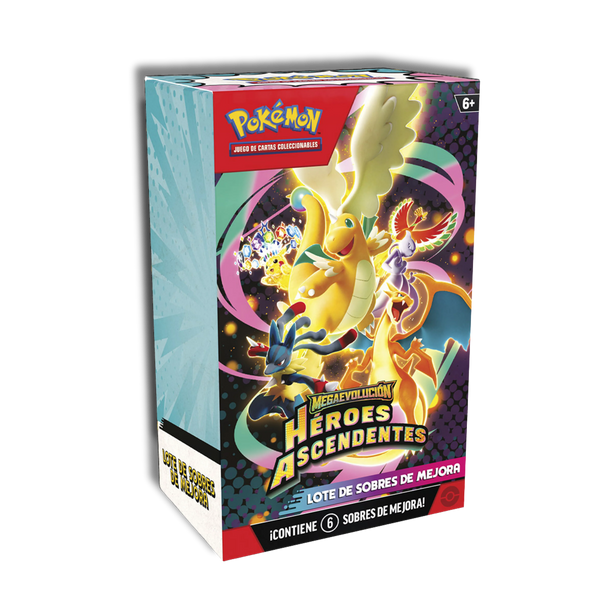 Caja de cartón Booster Bundle Pokémon Héroes Ascendentes con Mega Dragonite y Lucario, incluye 6 sobres de cartas coleccionables.