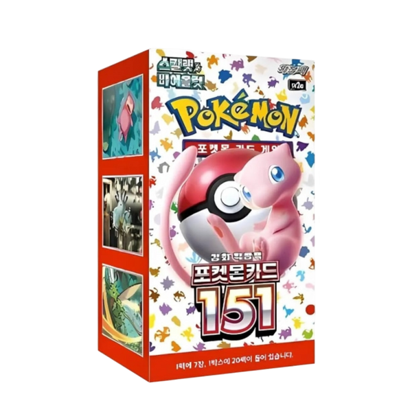 Caja de 20 sobres Pokémon 151 SV2a con diseño de Mew, Poké Ball y siluetas coloridas sobre fondo blanco y bordes rojos.