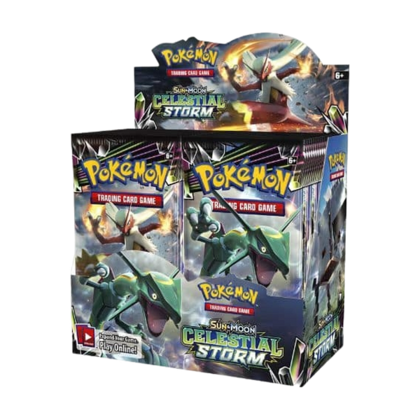 Caja de 36 sobres Pokémon Sol y Luna Tormenta Celestial con Rayquaza y Blaziken en el diseño de los paquetes.