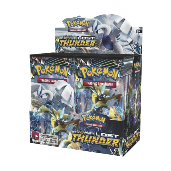 Caja de 36 sobres de cartas Pokémon Sol y Luna-Truenos Perdidos con ilustraciones de Lugia y Zeraora en tonos eléctricos.